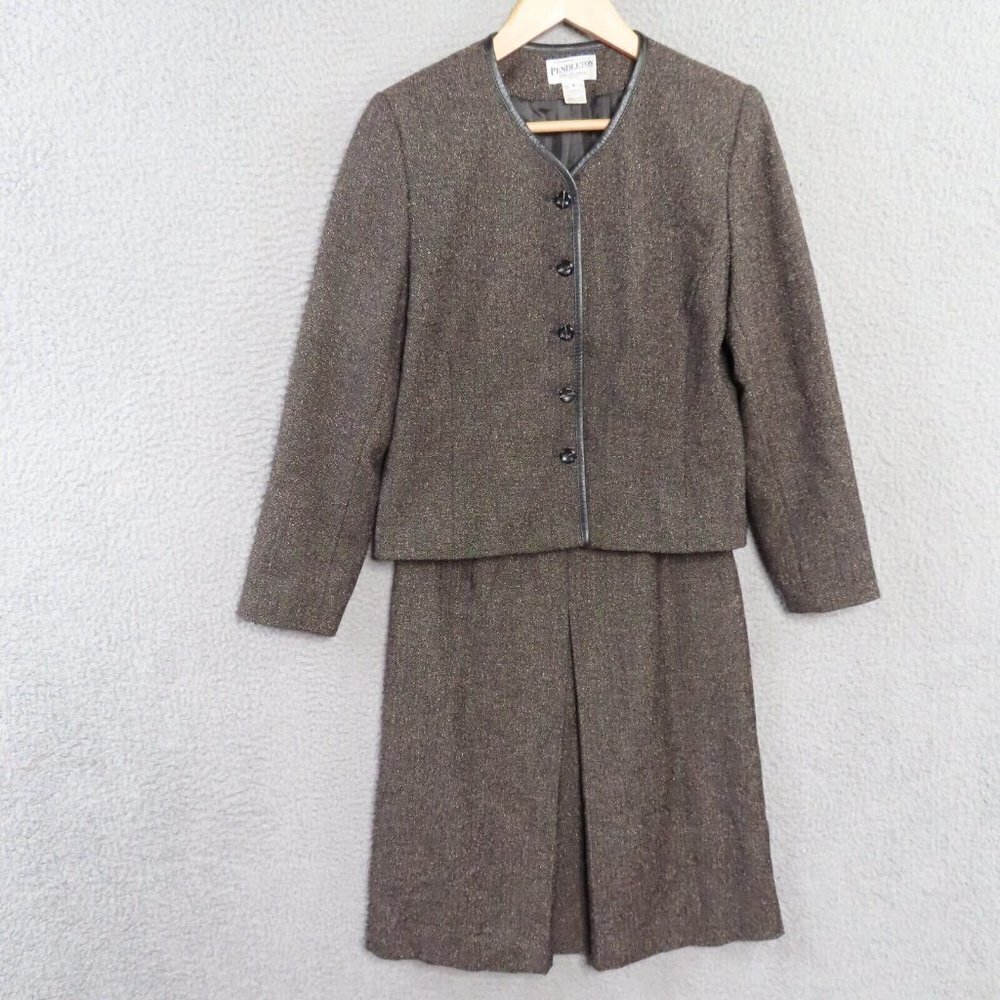 Pendleton‎ Suit Set 8 Petite Brown Jacket Skirt Wool Blend Faux Leather Trim